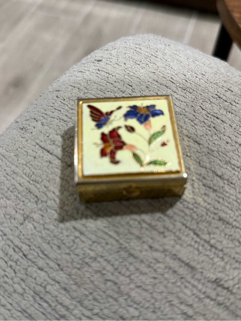 Enamel Floral Trinket Box with Butterfly Accent - Cream, Red & Blue - Picture 1 of 6